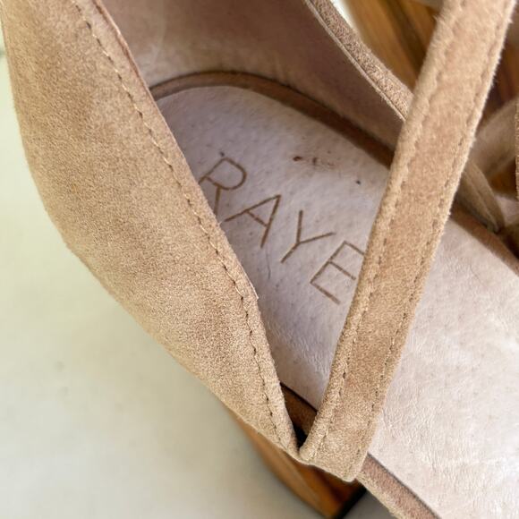 Raye Belle Wrap Heels 9 Suede Tan Brown Wooden Sandals Boho - Picture 6 of 8